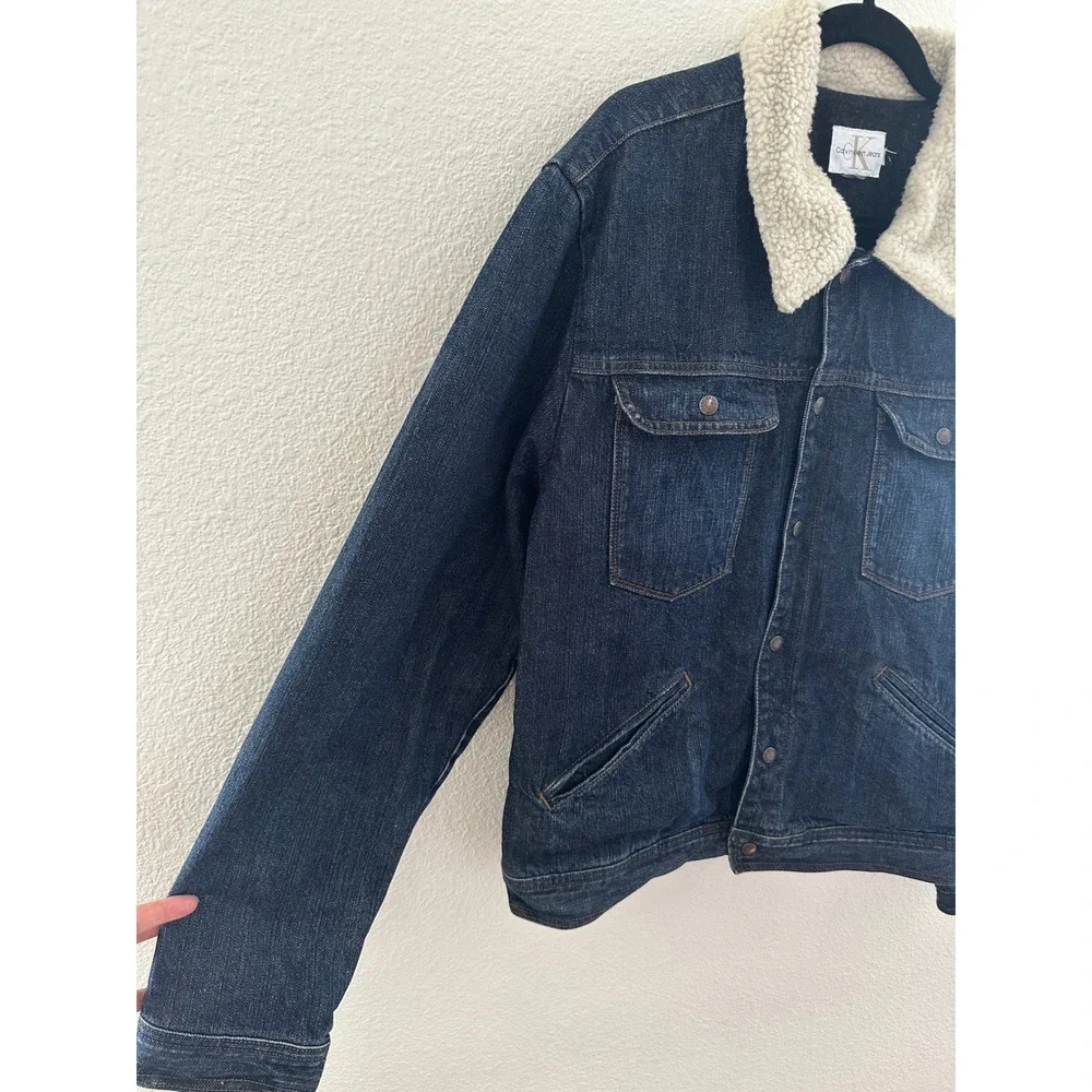 Calvin Klein Jeans Denim Trucker Jacket Mens XL Blue Sherpa Collar Americana
